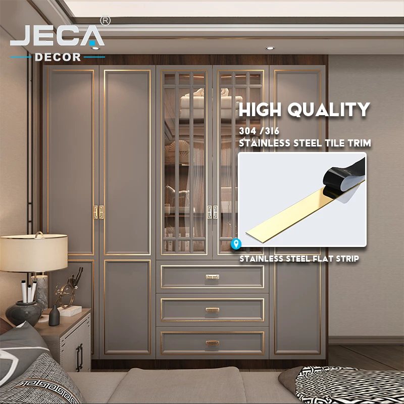 Foshan Factory JECA Gold Tile Trim Stainless Steel Flat Tile Trim For Wall Ceiling Furniture Decoration 304 Flat Trim Strips
