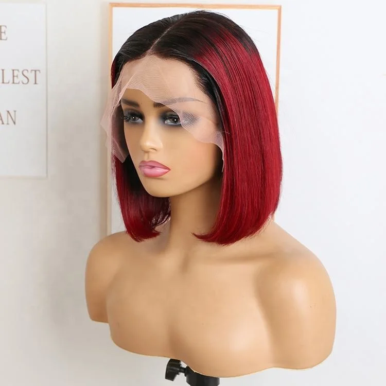Best Reviewed 13X4 Transparent Lace #1B/99j Red Silky Straight 100% Virgin Short Cuts Human Hair Wig