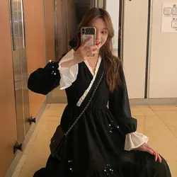 2021 Korean Style Black Autumn Women Dress Vintage Dresses Spring Long Lotus Sleeve Dress