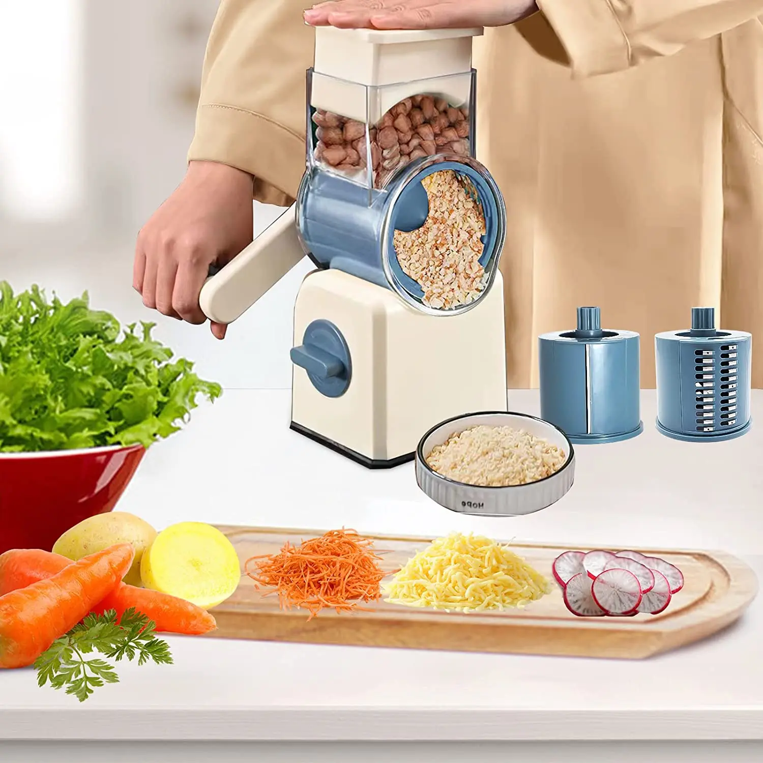 Kitchen 3 In 1 Manual Drum Rotary Cheese Grater Round Mandoline Vegetable Cutter/Slicer/Chopper Safe Food Grinder