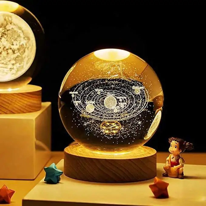 Glowing Crystal Ball Night Light Led Bedside Light Milky Way Light Ornament Solid Wood Base USB Night Lamp
