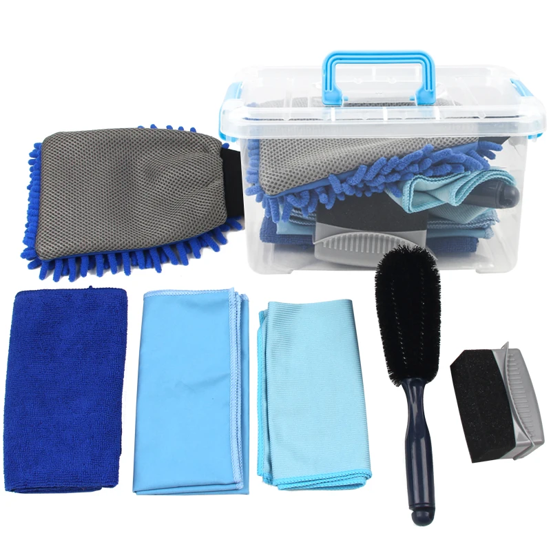Car cleaning tool kit wheel brush waxing brush microfiber cleaning towel car washing kit with plastic box