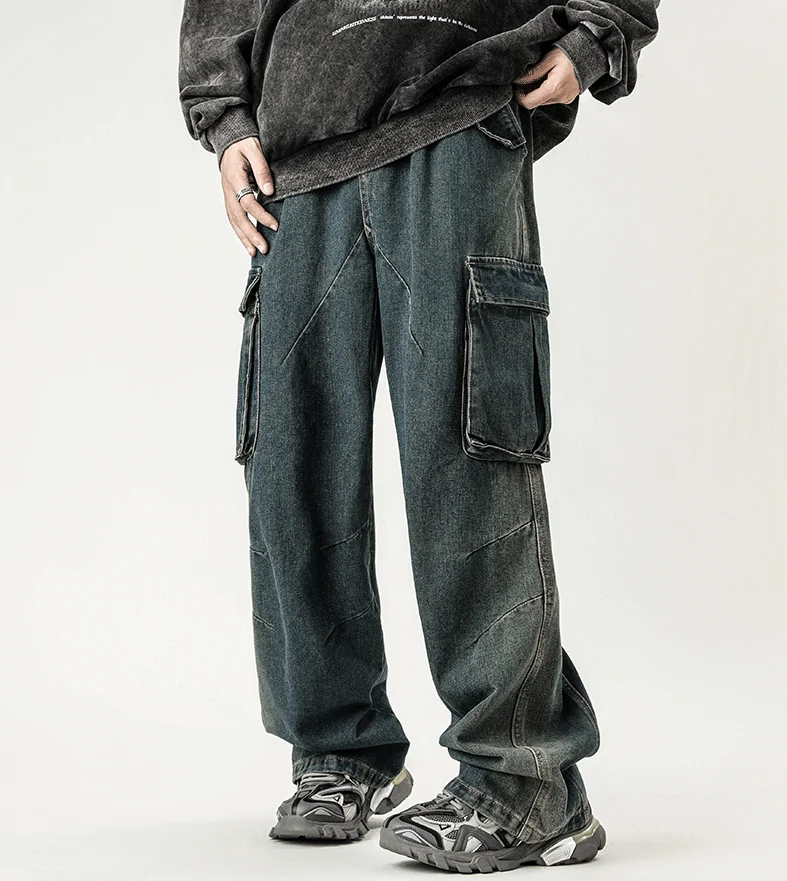 SKYKINGDOM American Retro Design Street Straight Leg Wide Leg Hip Hop Jeans for Men