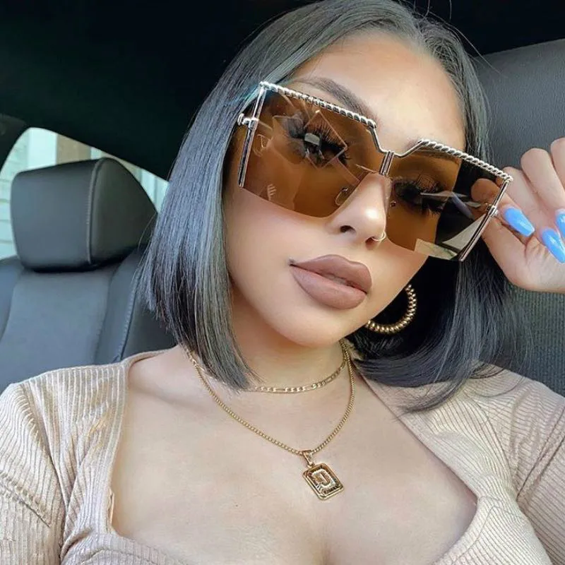 Oversized   Sunglasses Women Luxury Brand Vintage Alloy Frame Sun Glasses Clear Lens One Piece Rimless Eyewear Shade bulk