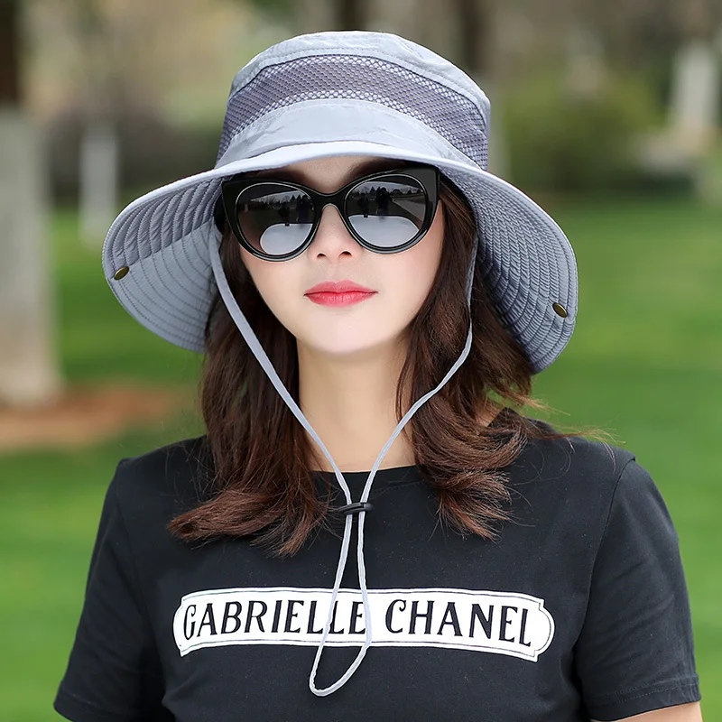 solid color summer sun hat uv protection bucket hat with windproof rope