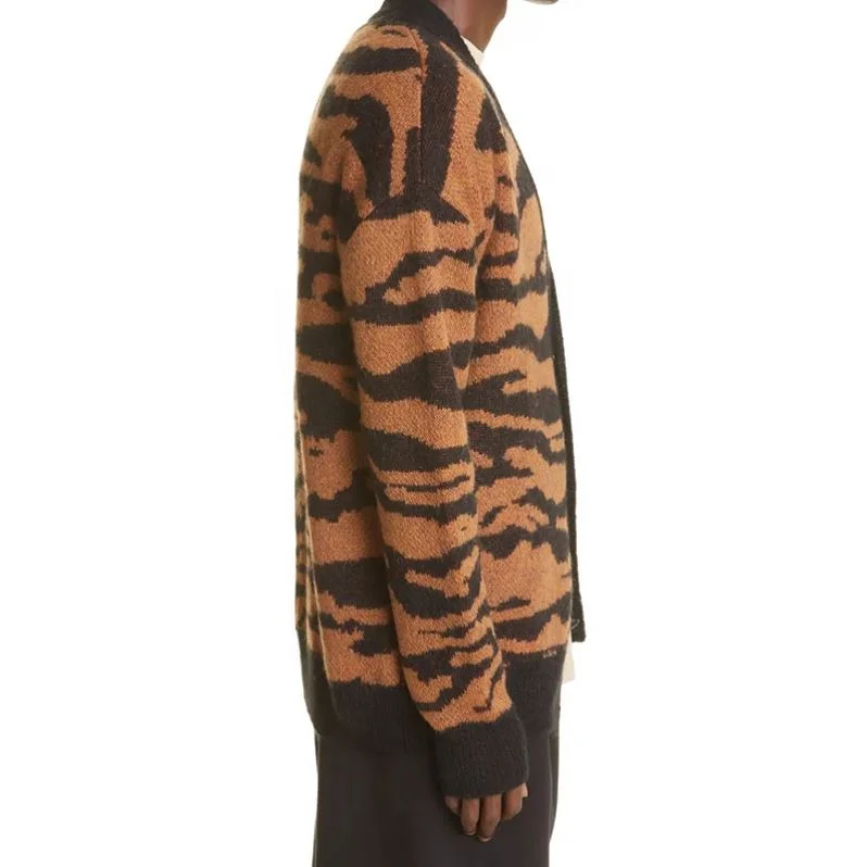 Custom Logo Knit Loose Fit Tiger Stripe 100% Wool Jacquard Cardigans Knitwear V Neck Cashmere Mohair Sweater Cardigan For Men