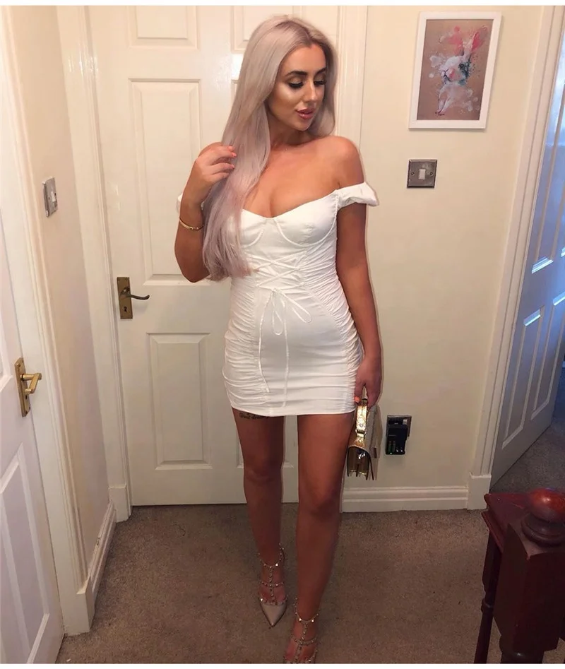 One-neck collar pleated lace-up hip pencil skirt