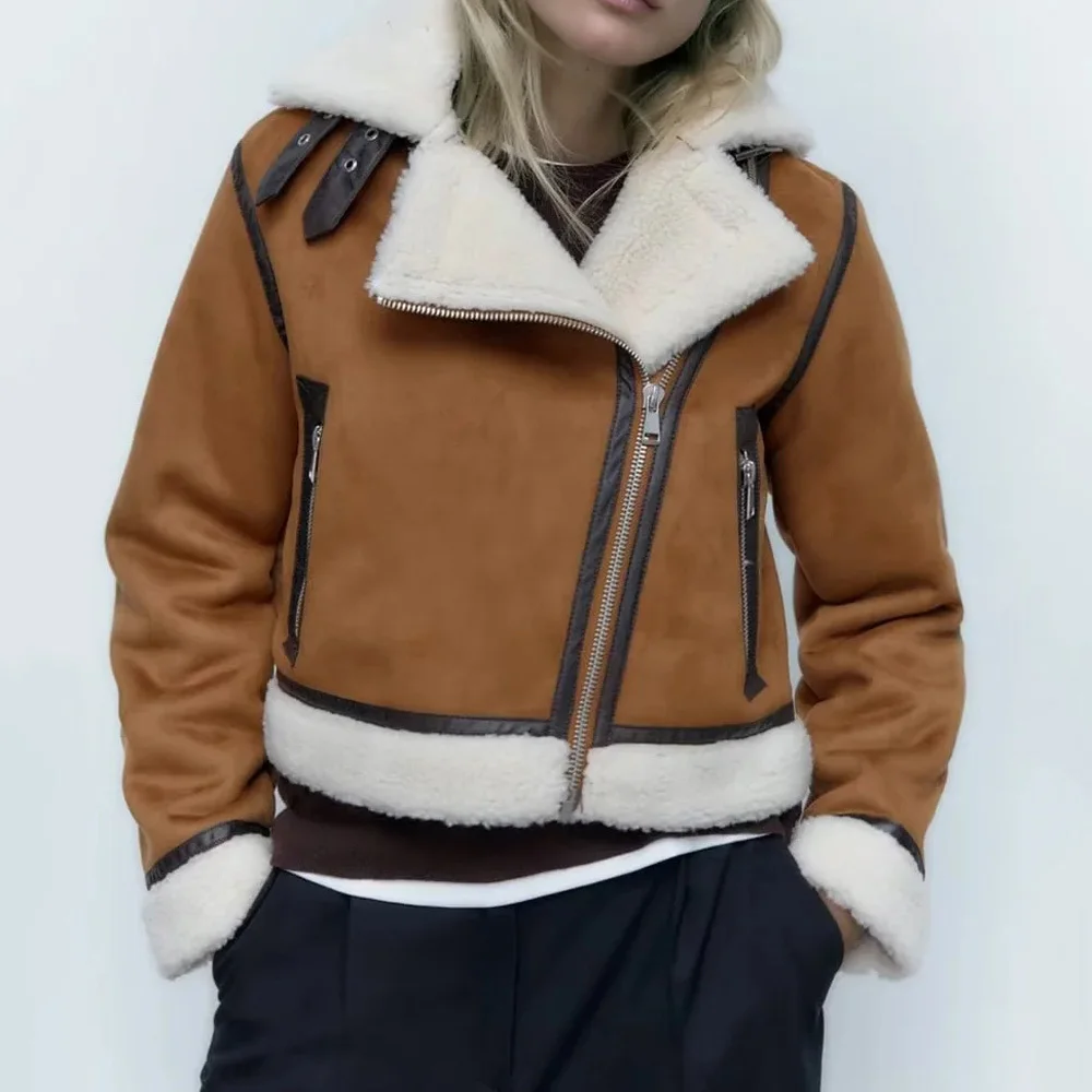 R30230S New Winter Moto Biker Short Sheepskin Coat Women Faux Lamb Leather Fur Jacket Fashion Lapel Zipper Thick Warm Outwear