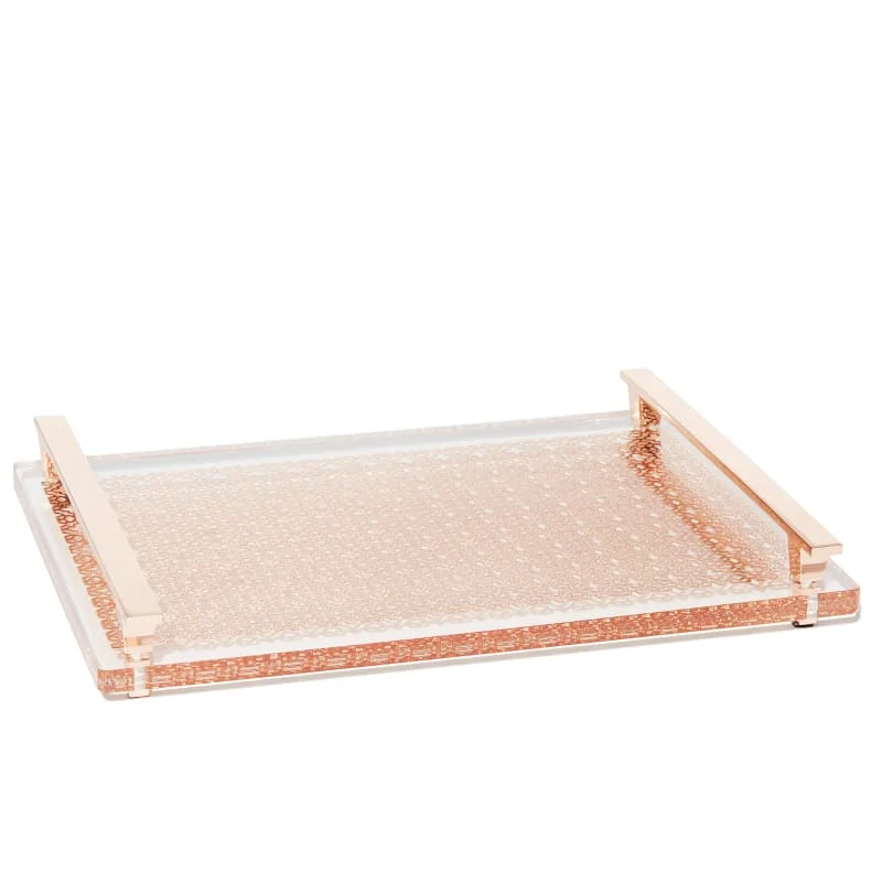 Acrylic Serving Tray Upscale Plexiglass Filigree Tray in Bright Brass with Metal Handles Tabletop Lucite Coffee Snacks Tray