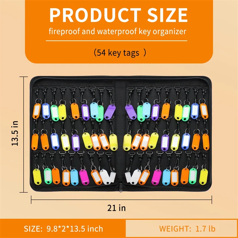 Portable Zippered Key Case Fireproof and Waterproof Key Storage Bag  Key Binder with 54 Hooks and Tags