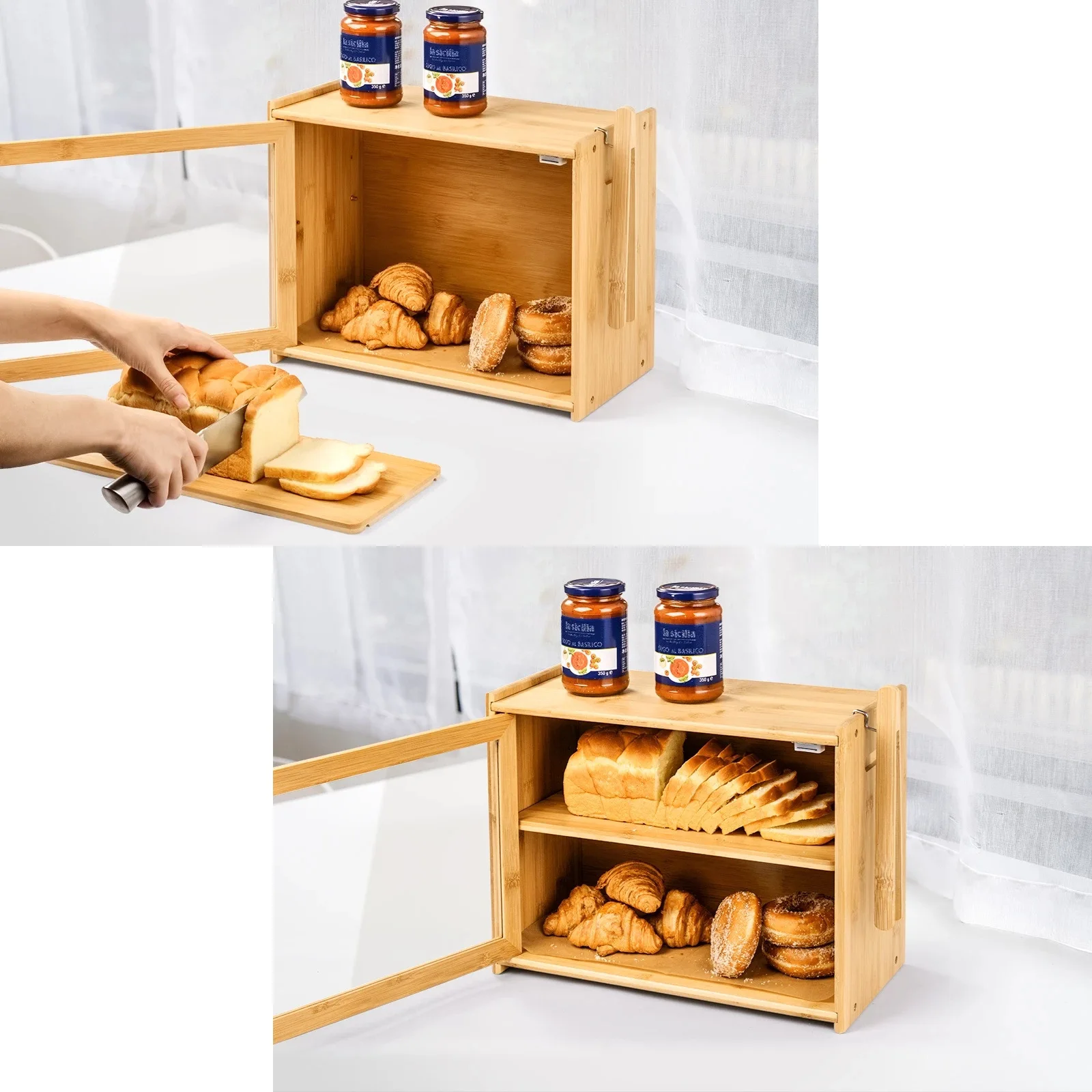 Natural Bamboo Bread Bin,Double Layer Bread Box with Cutting Board Clip and Door