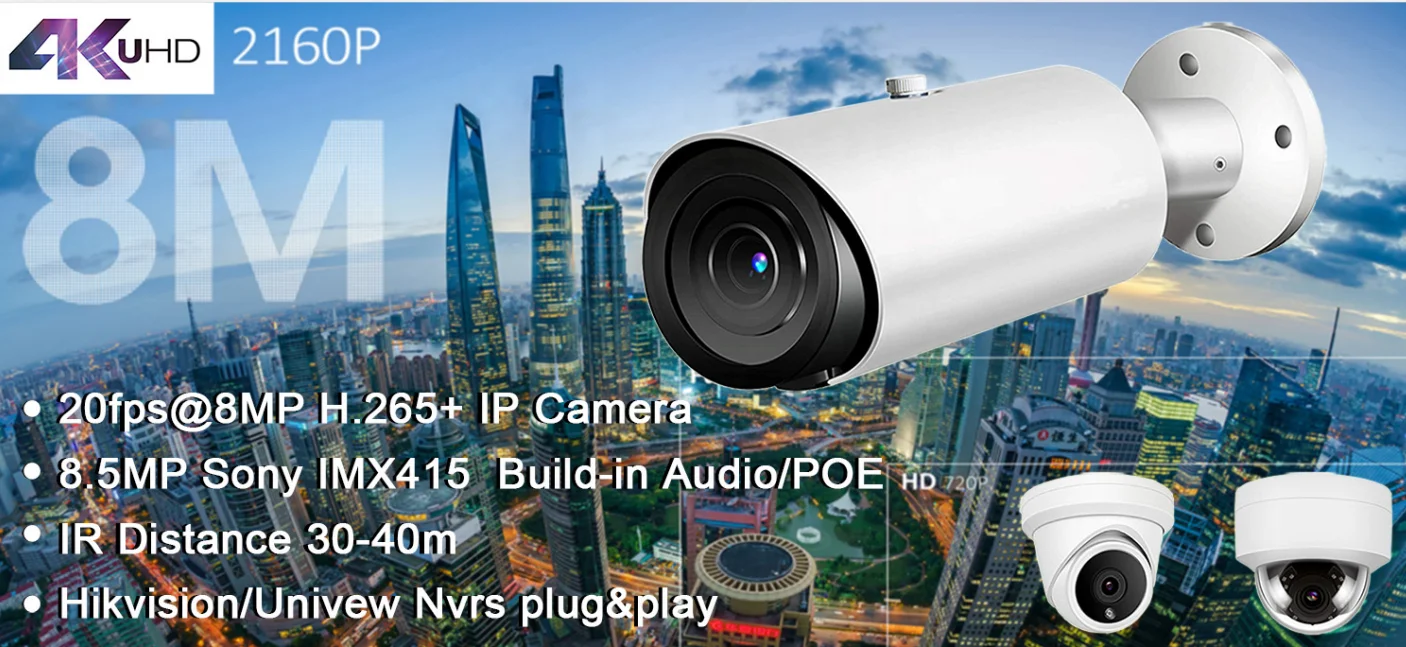 ycx oem camera compatible for hik 4k night vision waterproof IP66 mini bullet ip poe camera H.265 format p2p view Danale app