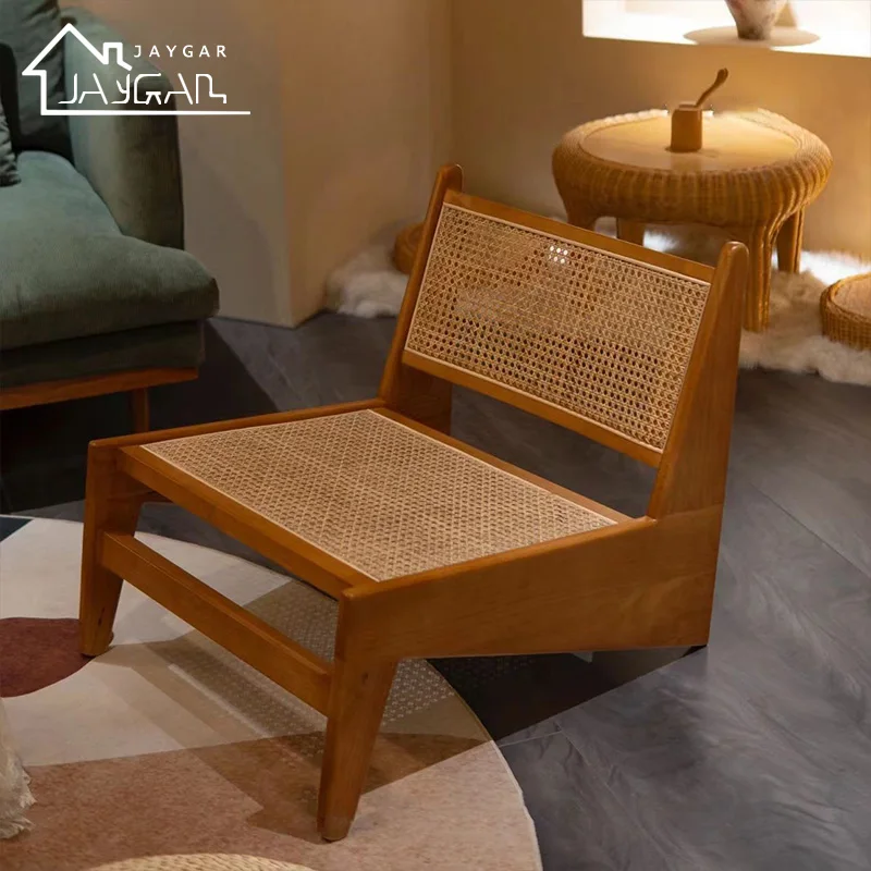 Designer solid oak wood scandinavian lounge chair style low back occasional woven cane chair accent cane chairs for living room