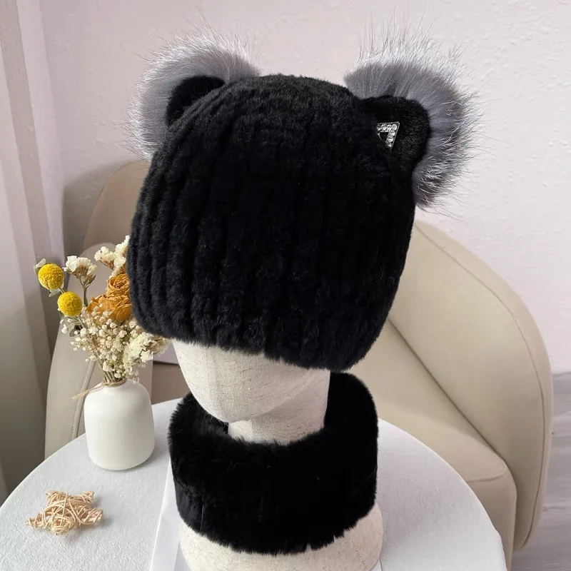 CX-C-97C Lady Boutique Outfit Hand Knitted Rex Rabbit Fur Women Winter Beanie Hat and Scarf Set