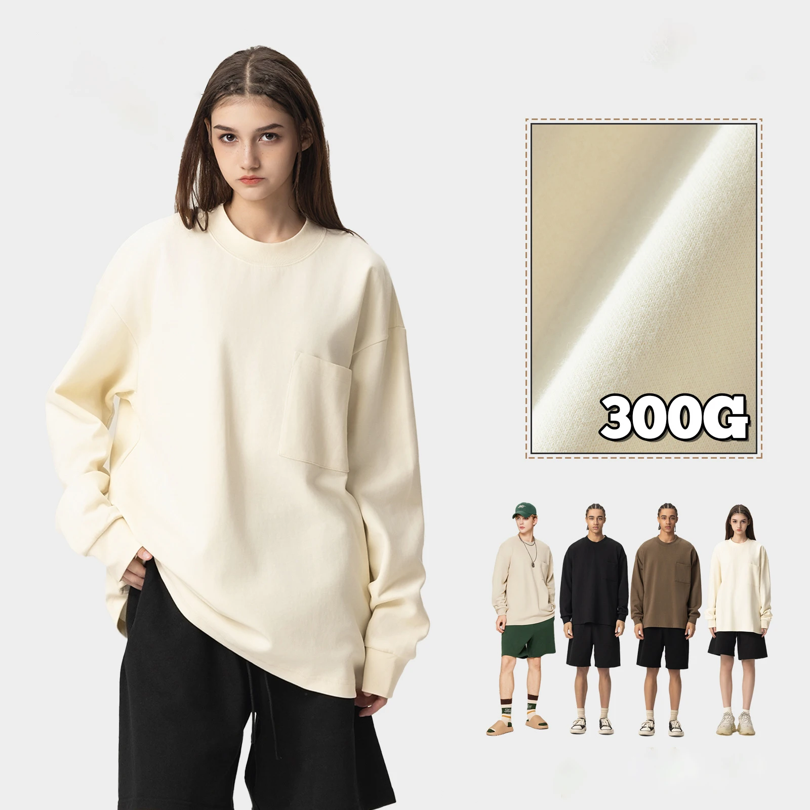 MTL2018 Guangzhou Clothing Manufacturer Custom Streetwear 300 Grams Cotton Blends Pocket T Shirts Long Sleeve T Shirts