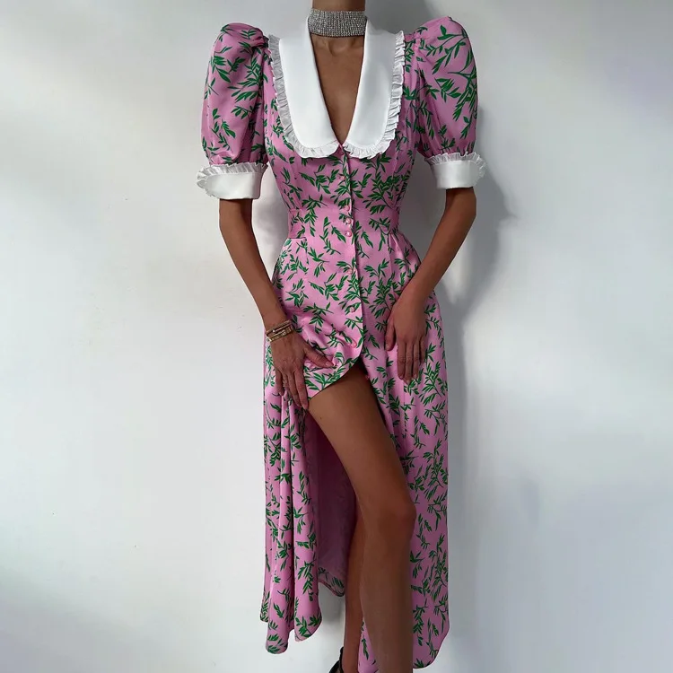 Summer Romantic Chic femme Floral Printed Women Puff Sleeve Ladies Causal A-Line Midi Dress