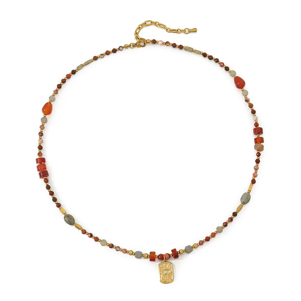 fashion tiger eye stone spotted stone red agate handmade sun pendant beaded necklace trendy