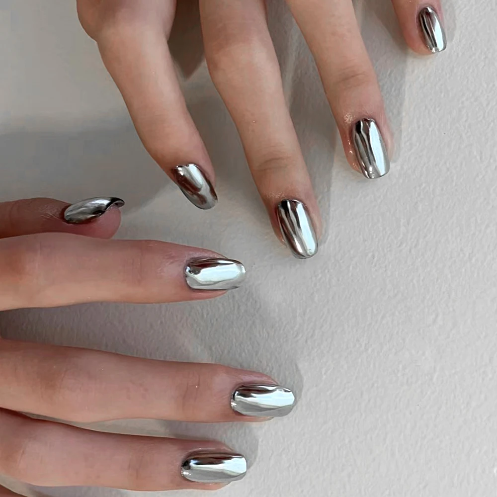 Faux Ongles Custom Press On Nail Metallic Silver Electroplated Nails Reusable Good Quality Press On Nails Acrylic Affordable