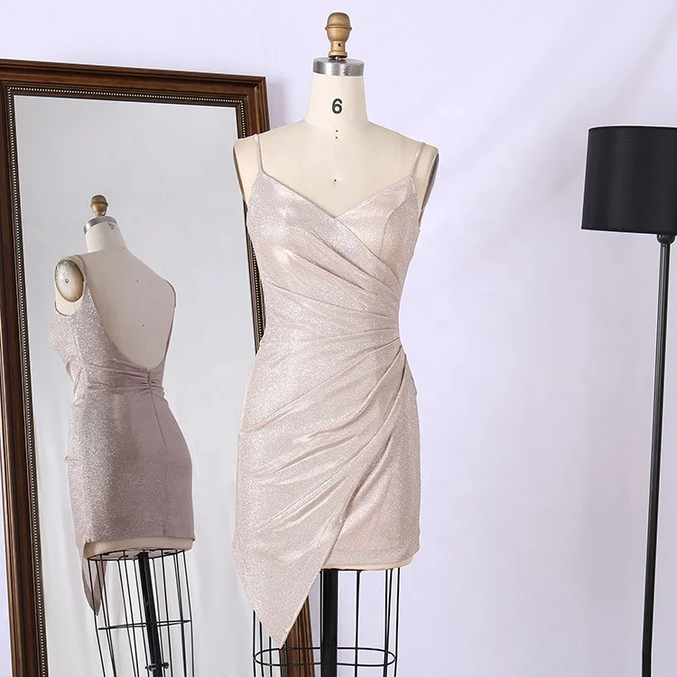 Rose gold cross irregular Champagne shiny satin sleeveless hand pleated short prom dresses