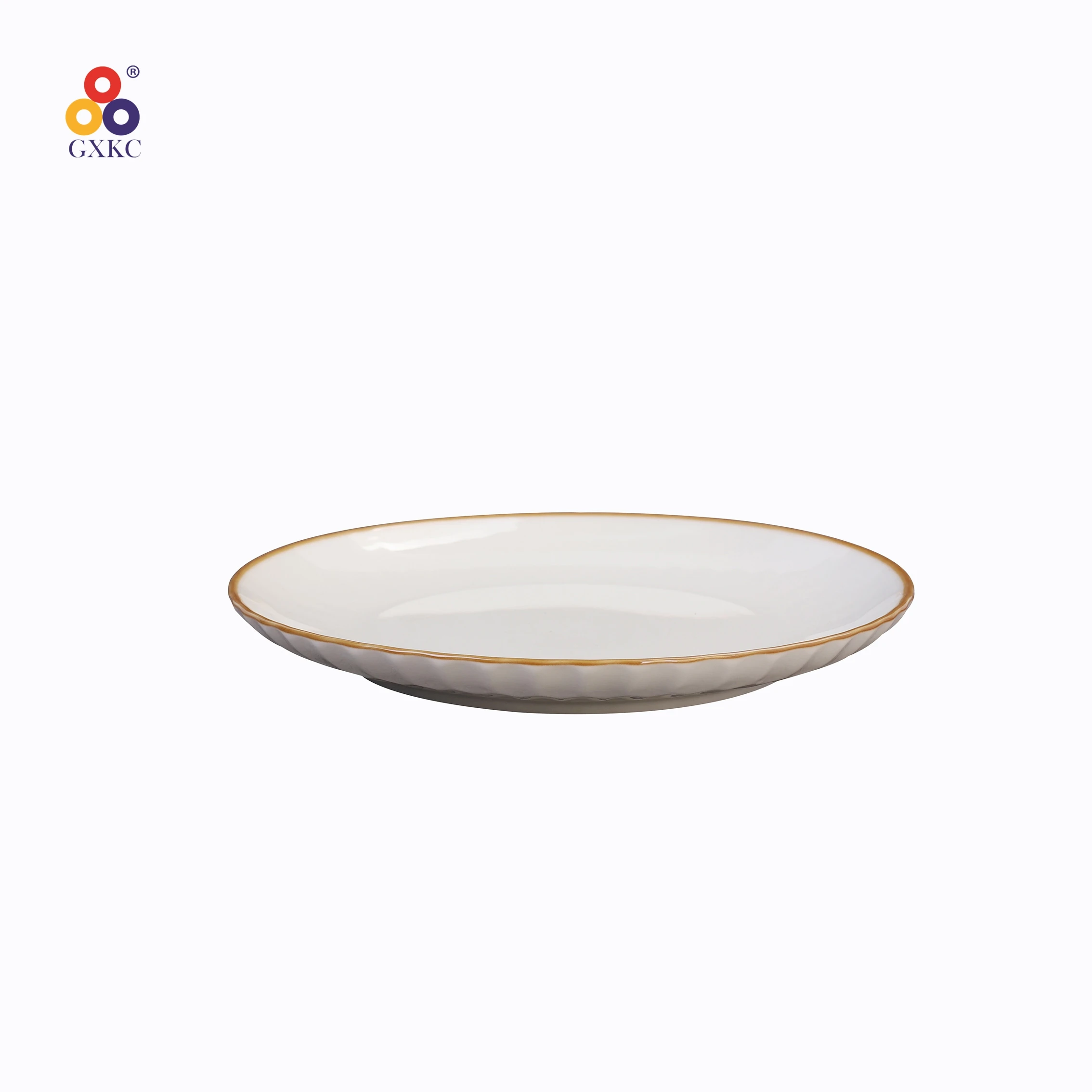 Sanhuan White Glossy Surface Porcelain Emboss Dinner Plate with Brown rim Ceramic Party Dinner Dishes Plates