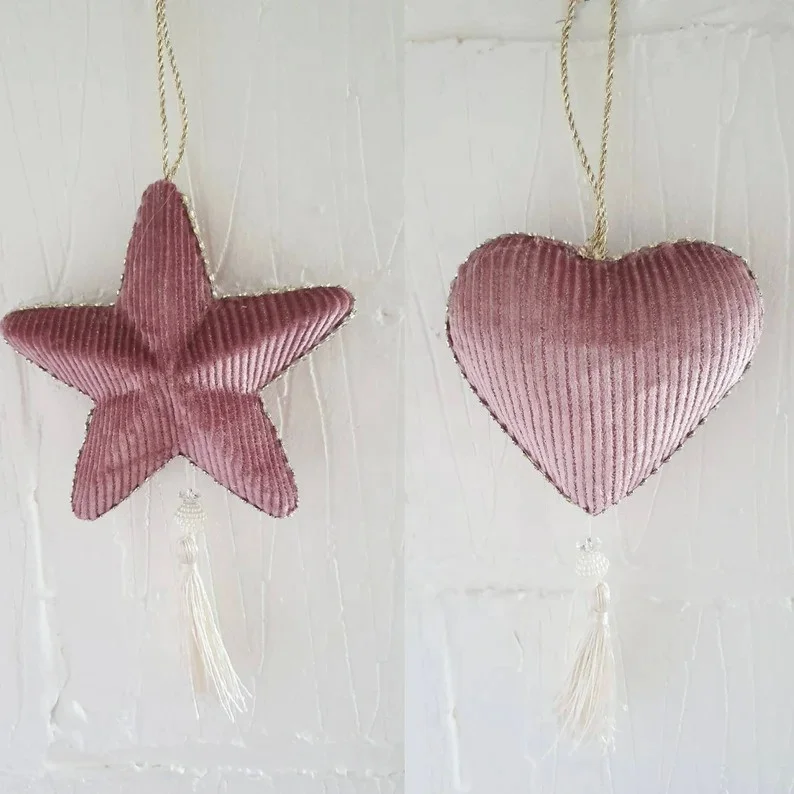 Velvet Hanging Heart and Star Decorations Set in Pink Velvet Tones with Glossy Tassel Hanging on Xmas Tree