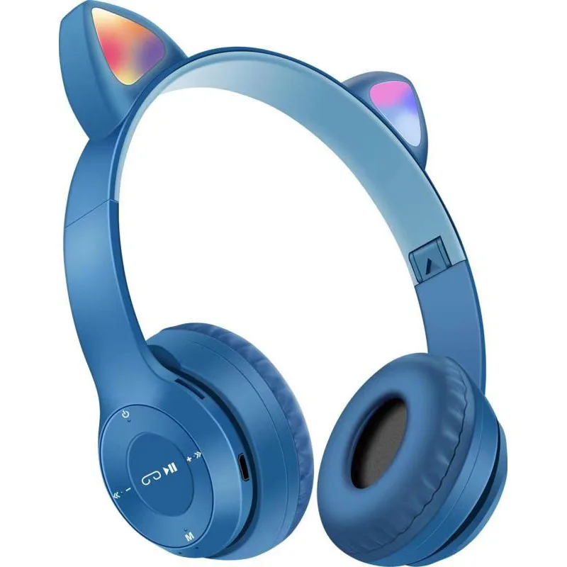 Blue BT tooth Cat Ears Kids Headphones with Mic Wireless Foldable Headphones with LED Lighting and 85db Volume Limit for School