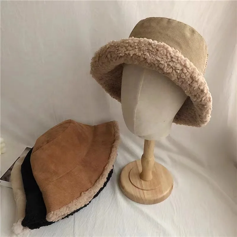 Winter Women Corduroy Bucket Hat with Sherpa Fur Lining Brim Trim Bucket Hat for Women