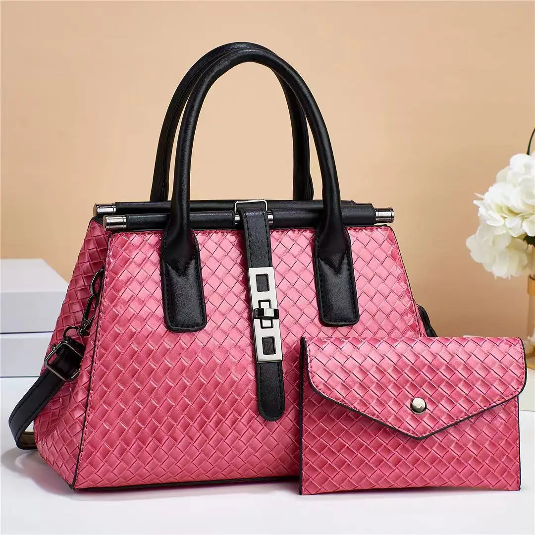 Wholesale woven women purse and handbag fashion shoulder pu leather hand bag set