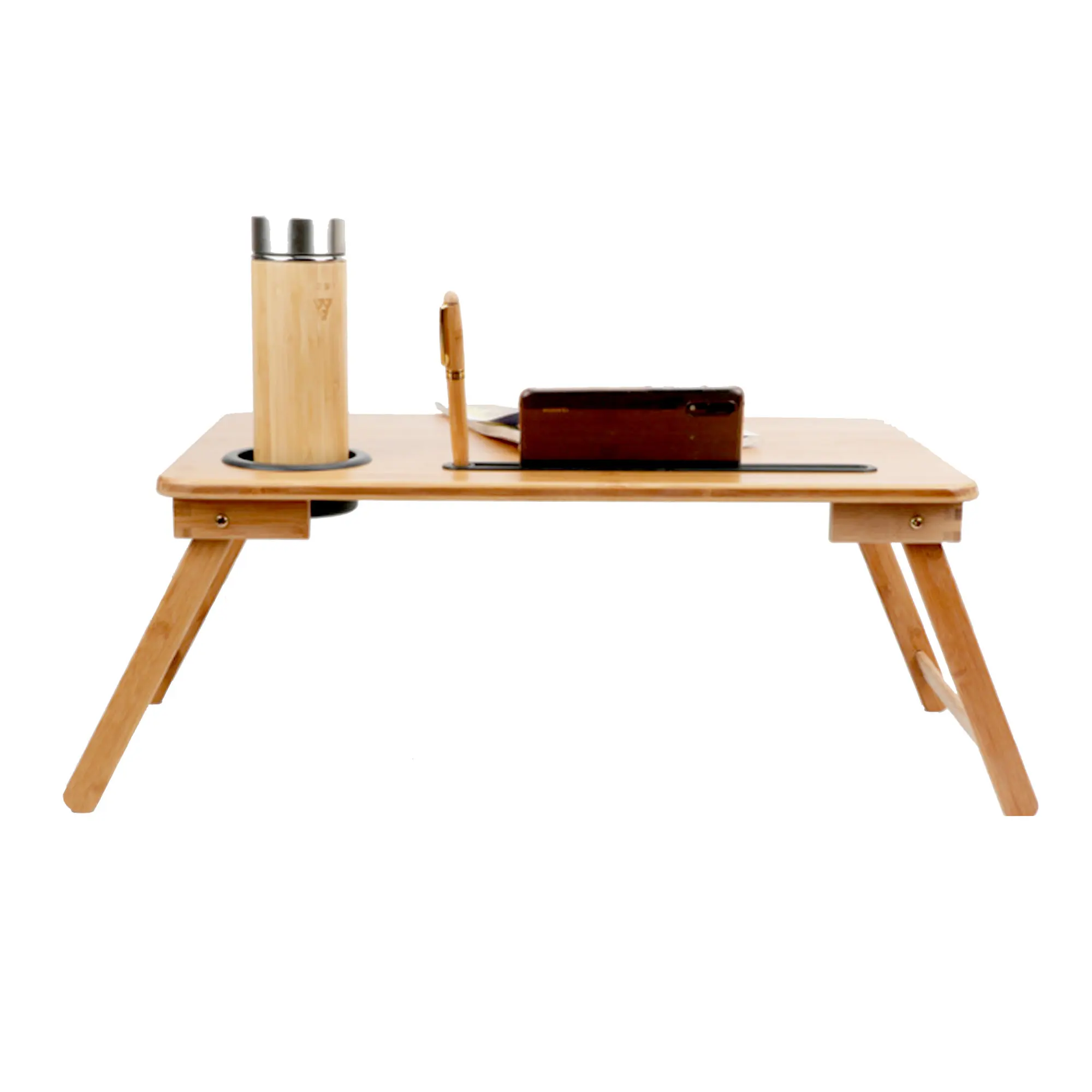 Hot Selling Solid Bamboo Foldable Laptop Table Breakfast Serving Bed Tray Notebook Computer Desk with Cup Holder