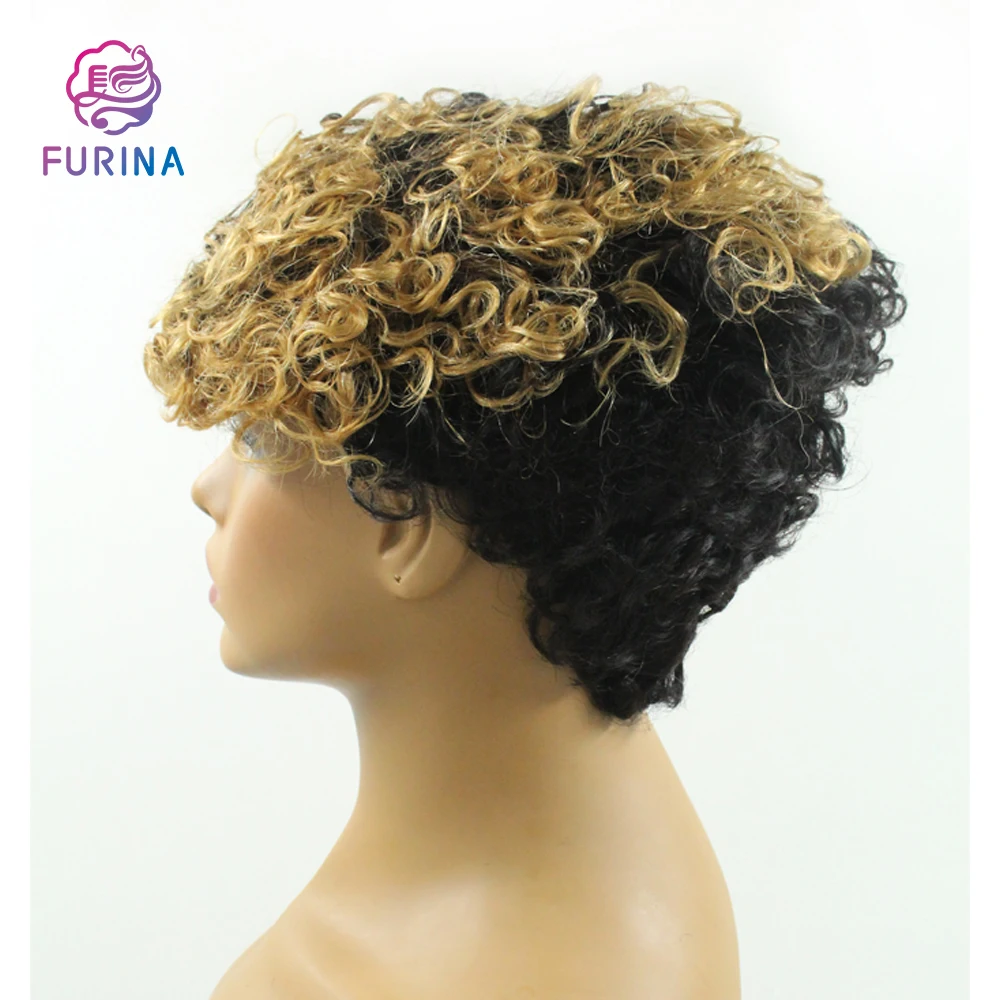 Fashion 1B/27# curly short wigs machine made 100% Brazilian human hair wigs for black women