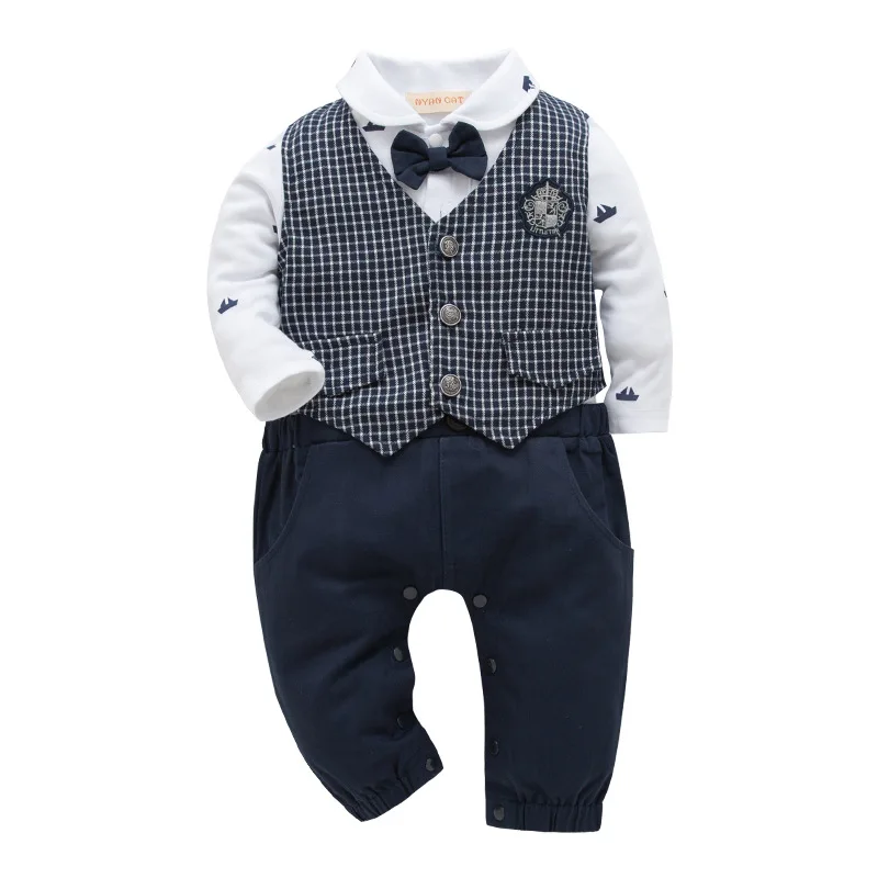 Newborn Baby boys gentle Clothing Set long sleeves cartoon printed shirt romper pants top + plaid vest suit outfits Clothes set