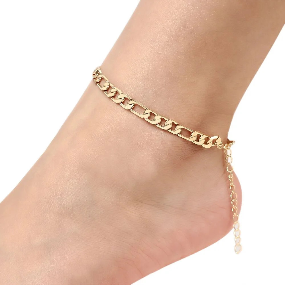 European Summer Beach Barefoot Jewelry Stainless Steel 18K Gold Plated Chunky Chain Anklet Bracelet 7mm Figaro Chain Anklet