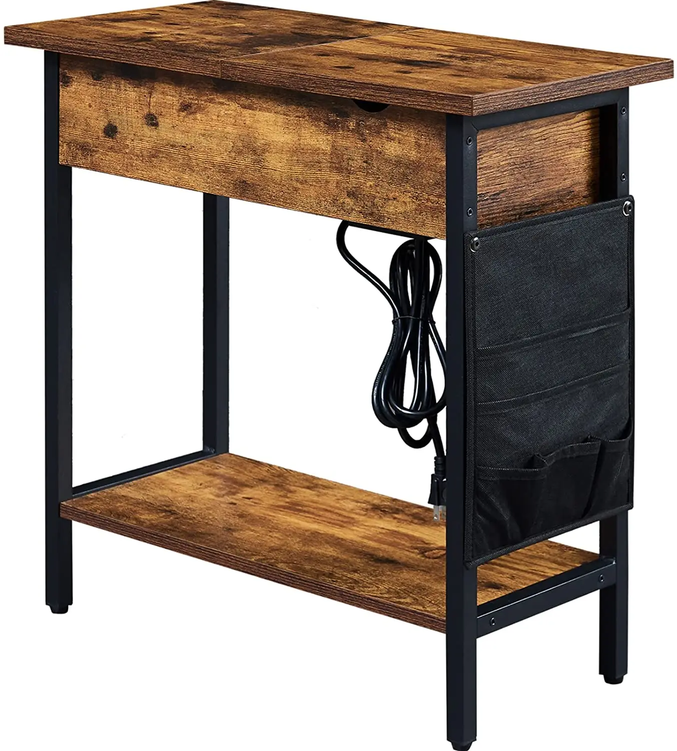 Side Table with Power Outlets & USB Ports, End Tables with Narrow Flip Top Fiber Bag and Storage Shelf