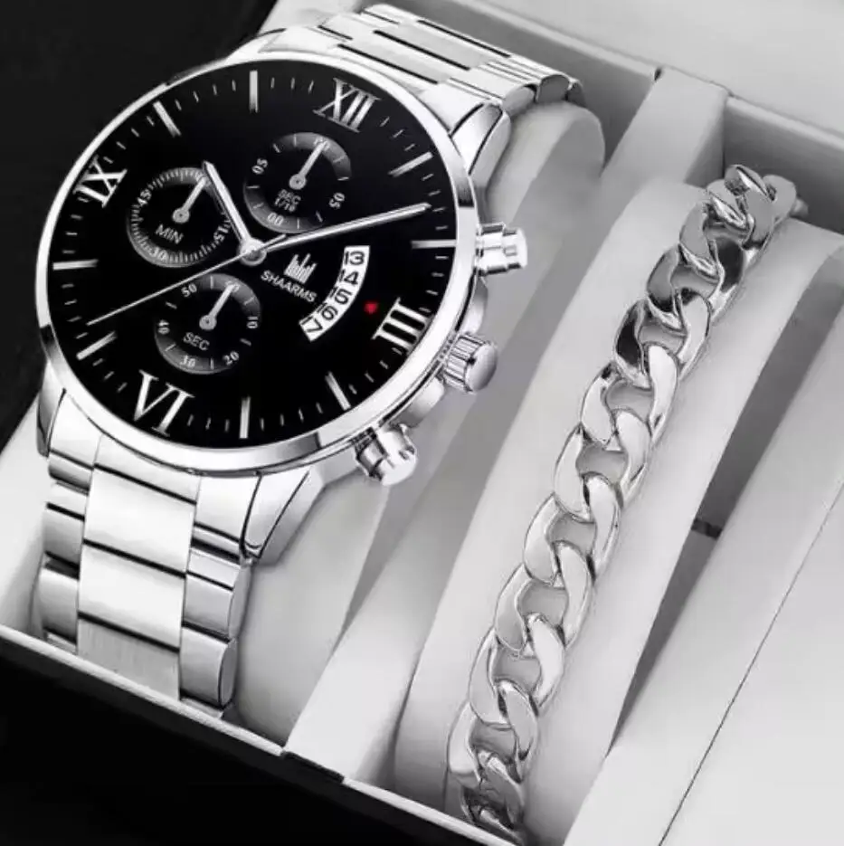 Cool Elegant Men Three Dial Round Quartz Watch Stainless Steel Silver Watches Men 2pcs Set With Chain Bracelet FD033