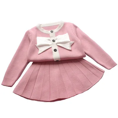 New Style Kids Children Winter Clothing Set Knitting Cardigan Skirt  Baby Girl Winter Cardigan Sweater With Bow