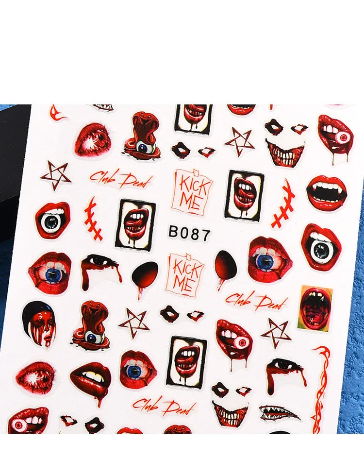 Wholesale 12 Design Halloween Nail Stickers Skull Nail Decals Strap Glue 3D Nail Stickers