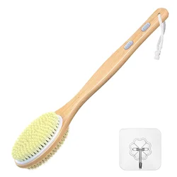 Bamboo Body Brush with Stiff and Soft Natural Bristles, Back Bath Brush for Shower with Long Handle, Dual-sided Brush Head