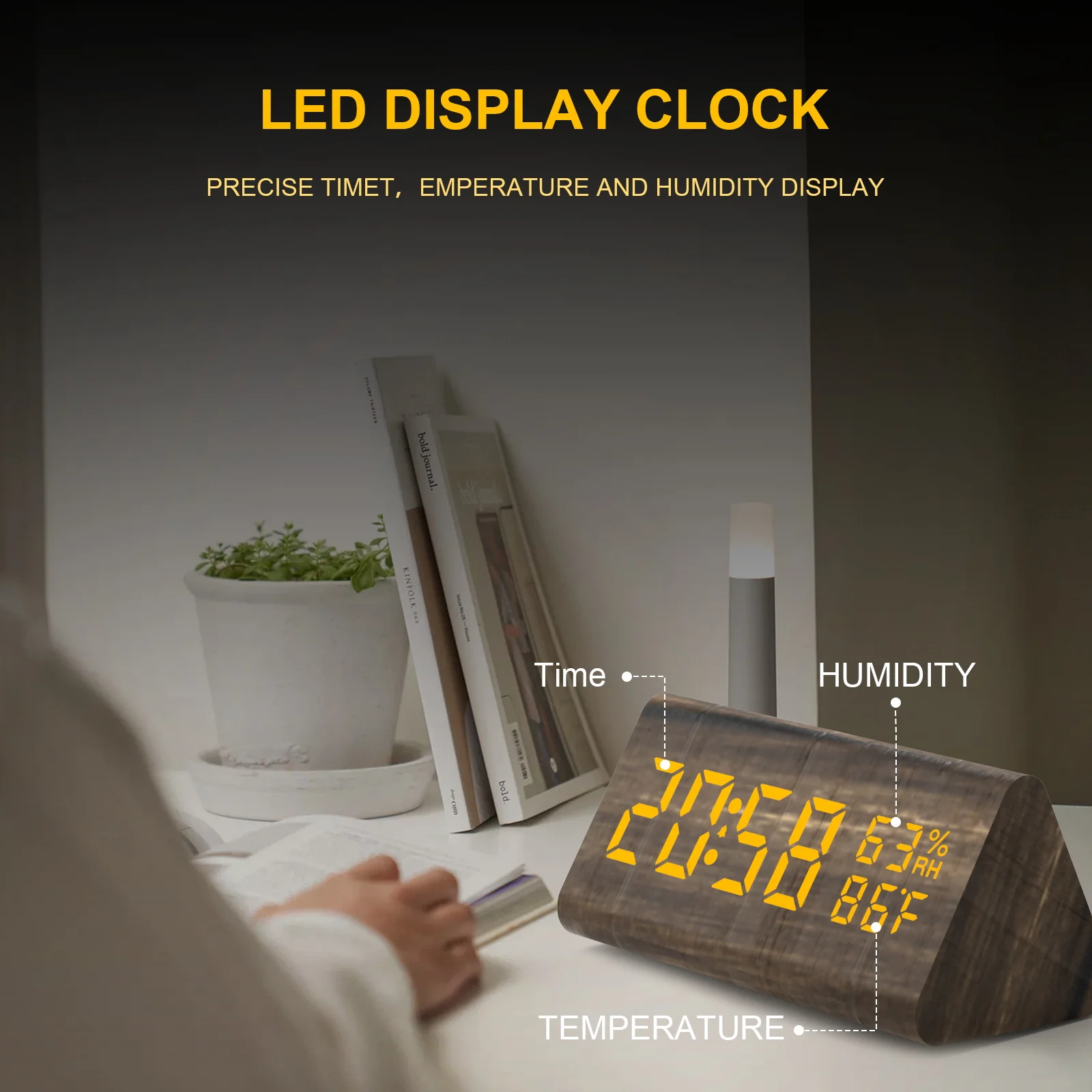 New Custom Logo Alarm Clock Home Decor Wood Digital Triangle Desk Clock With Humidity Temperature Display