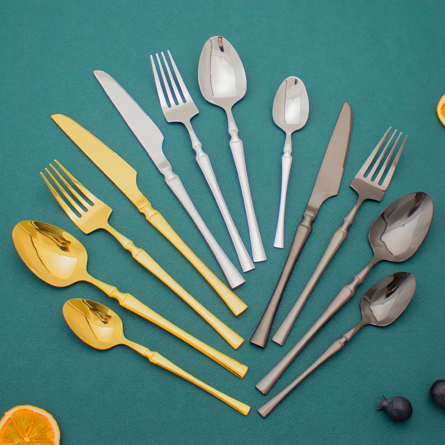 Wholesale small waist design gold flatware set thin handle 24pcs stainless steel cutlery set with black wooden box