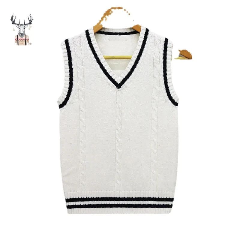 Nanteng Custom Manufacturer 100% Cotton Preppy Chic V-Neck Solid Color New School Uniform Knitwear Men Pullover Vest Sweater