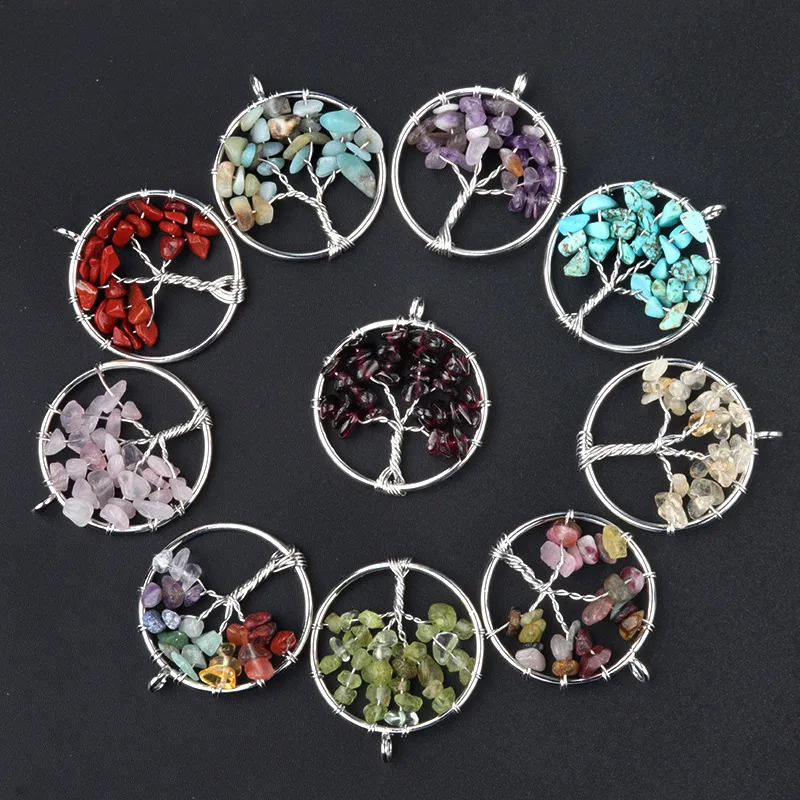 Natural Crystal Crushed Stone LifeTree Pendant Colorful Chakra Wrapped Silk Wealth Tree Pendant for DIY Jewelry Accessories