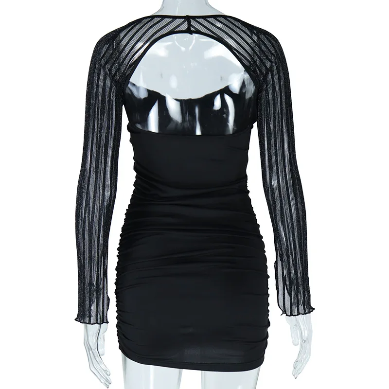 Real Video Good Quality Woman Mesh Long Flare Sleeve Dress Short Party Sexy Black Tight Mini Dress