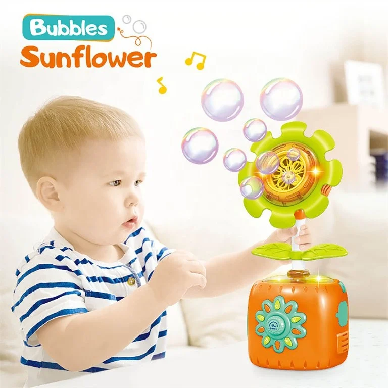 Kids Electric Bubble Maker Blow Plastic Bubble Toy Sunflower Shape Colorful Light Music Bubble Machine with Refill Solution 40ml