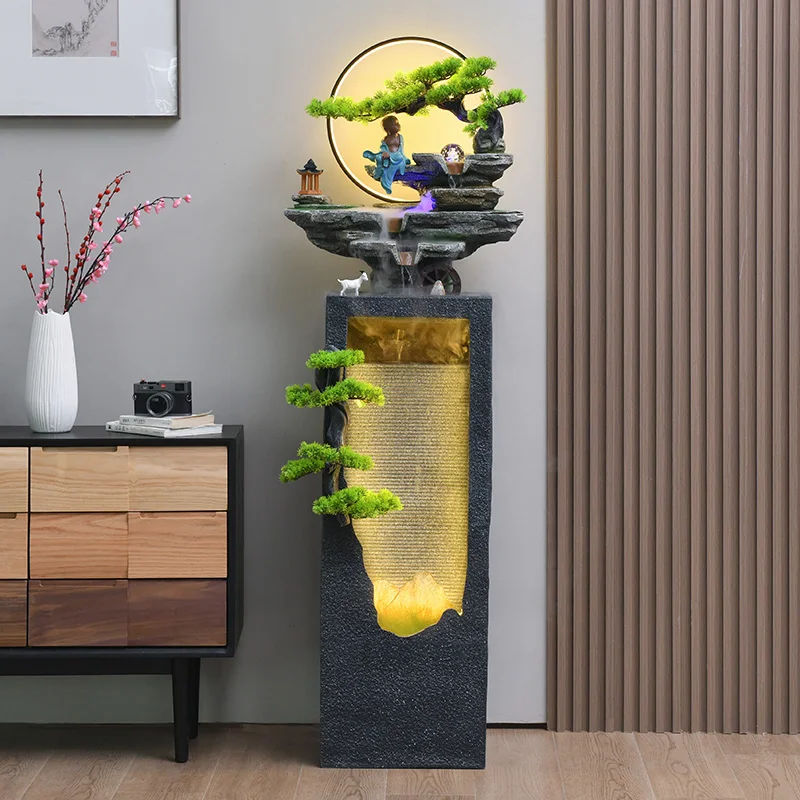 Zen style entrance, simple decorations, living room, Feng Shui wheel, home decoration, flowing landscape, attracting wealth