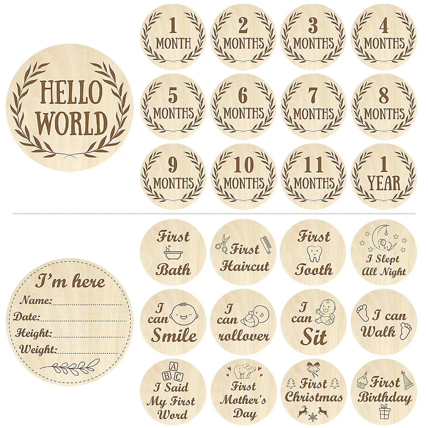 Set of 13 Come Photo Prop Discs Baby Milestone Cards Wooden Monthly Cards wood sign