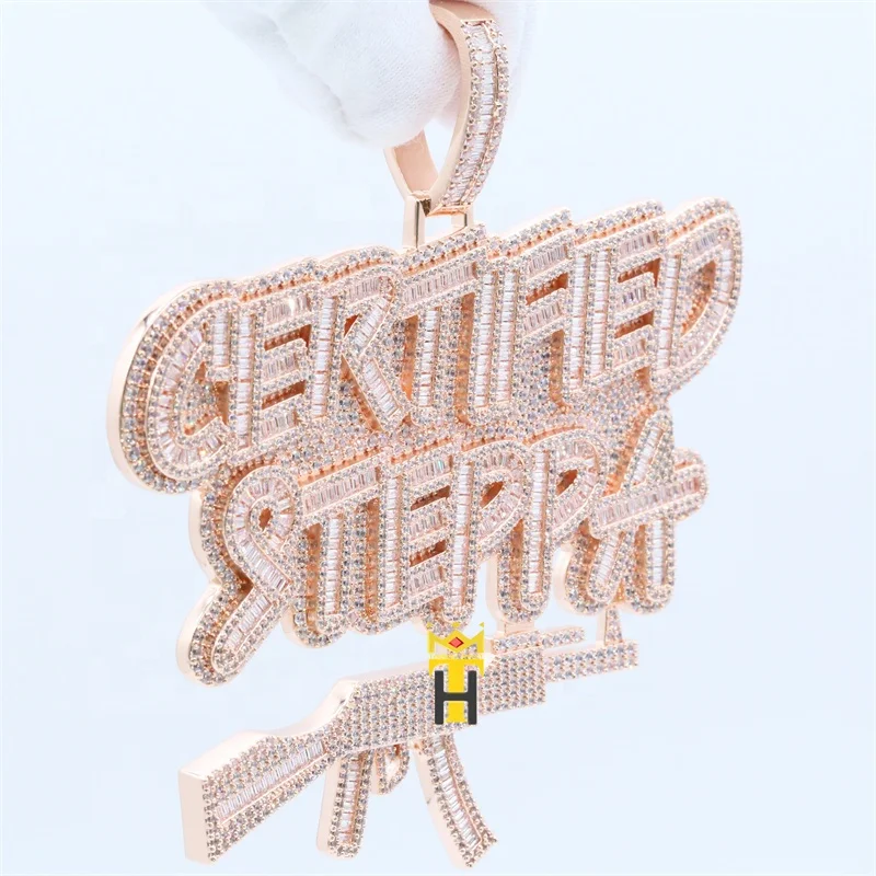 Custom hiphop pendant iced cz diamond jewel 925 silver copper rose gold men gun letter charm pendant