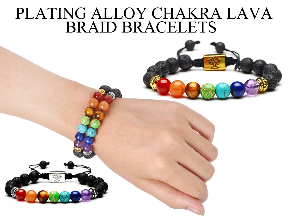 Azone Wholesale 7 Chakra Healing Bracelet Real Stones Volcanic Lava Mala Meditation Bracelets Wrap Stretch Charm Bracelets