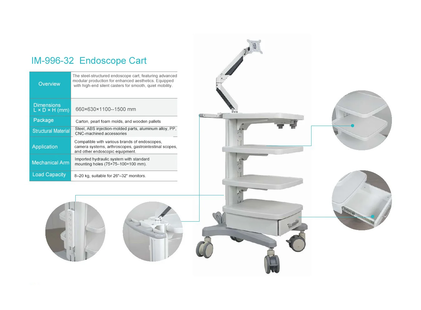 Advanced Medical Endoscope Trolley With Hydraulic Arm for 26 to 32 Inch Monitors