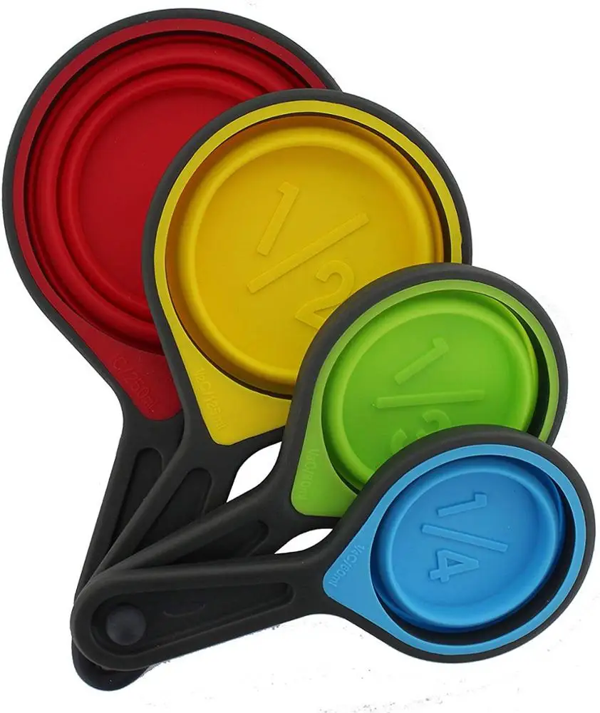 BPA Free Silicone Measuring Cups and Spoons Set Heat Resistant Foldable Engraved Metric Cups and Spoons Set