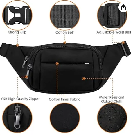 Belt bag Fanny pack YKK Zipper Cross Body for Women Men Crossbody Bags Waist Bag with Adjustable Strap Black Fashion Waist Pack